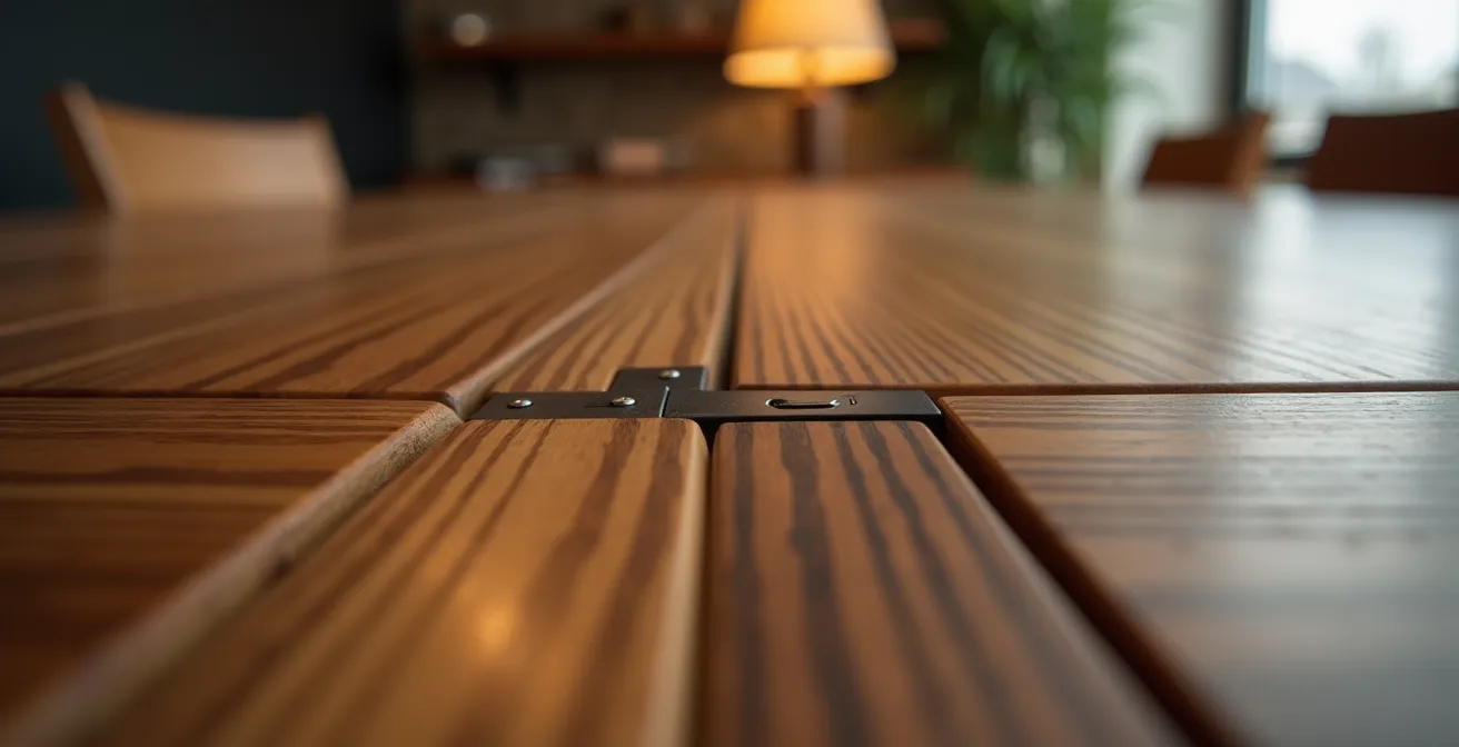 Gros plan sur la jonction d'une table extensible en bois montrant les veines continues