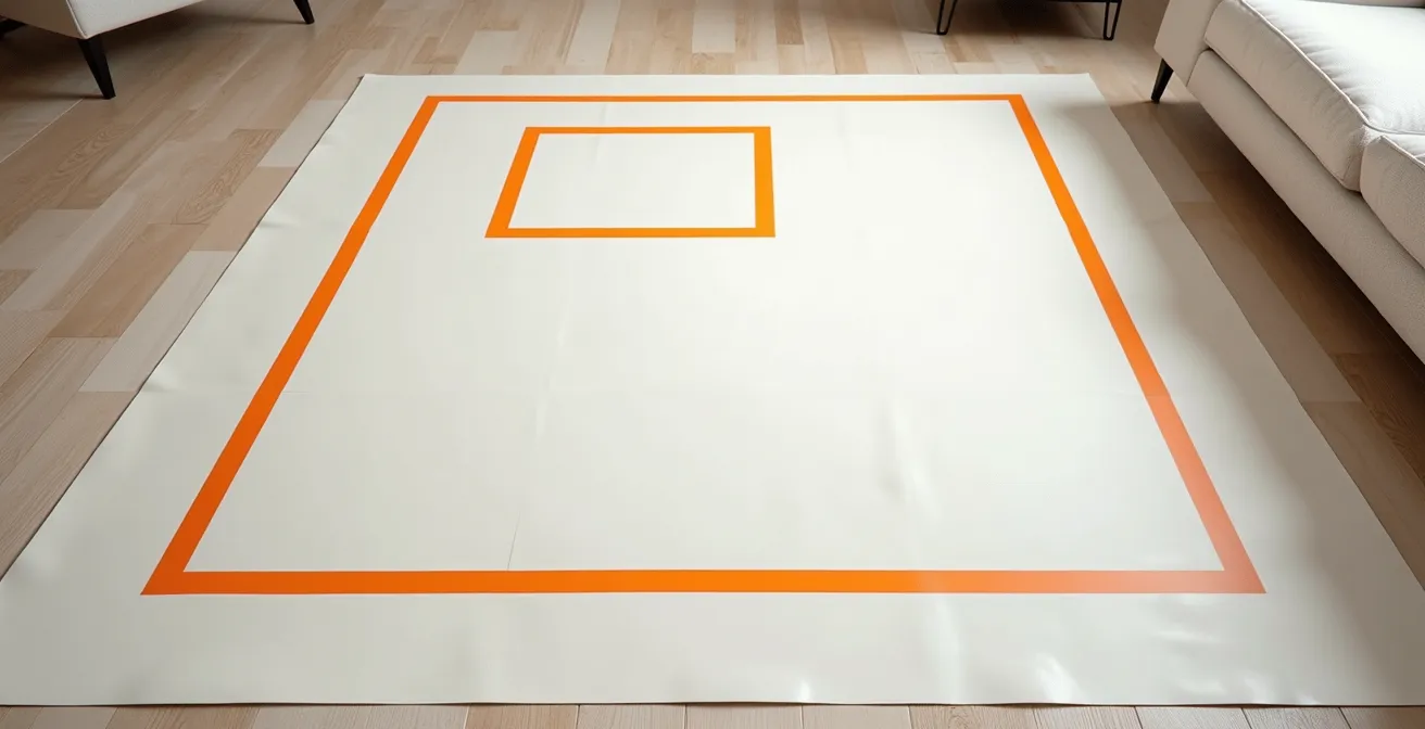Vue plongeante d'un salon avec marquage au sol montrant deux empreintes de table