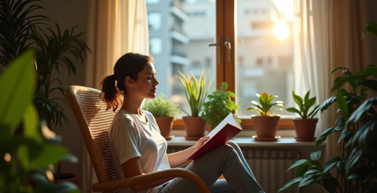 Coin lecture urbain avec fauteuil en cannage entouré de plantes vertes près d'une fenêtre
