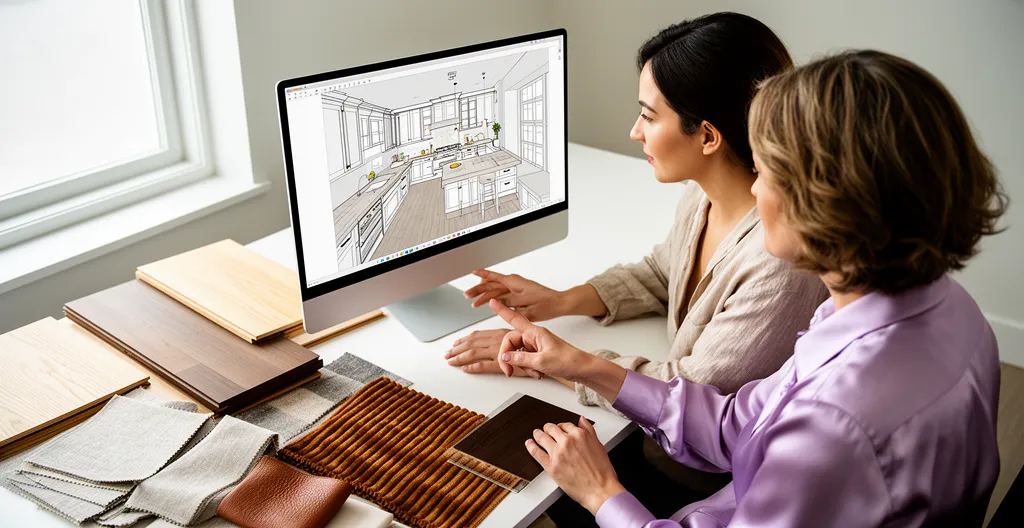 Conceptrice d'intérieur et cliente regardant ensemble un plan 3D sur écran