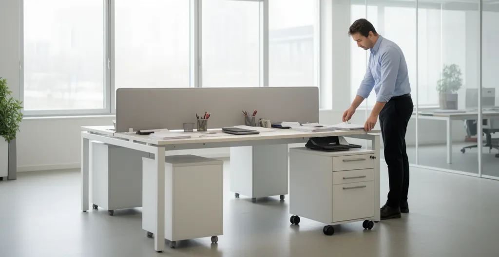 Caisson mobile à roulettes positionné sur le côté d'un bureau