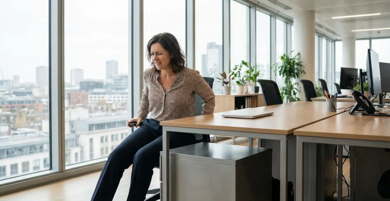 Professionnelle ajustant sa position à un bureau avec caisson encombrant