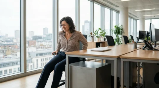 Professionnelle ajustant sa position à un bureau avec caisson encombrant