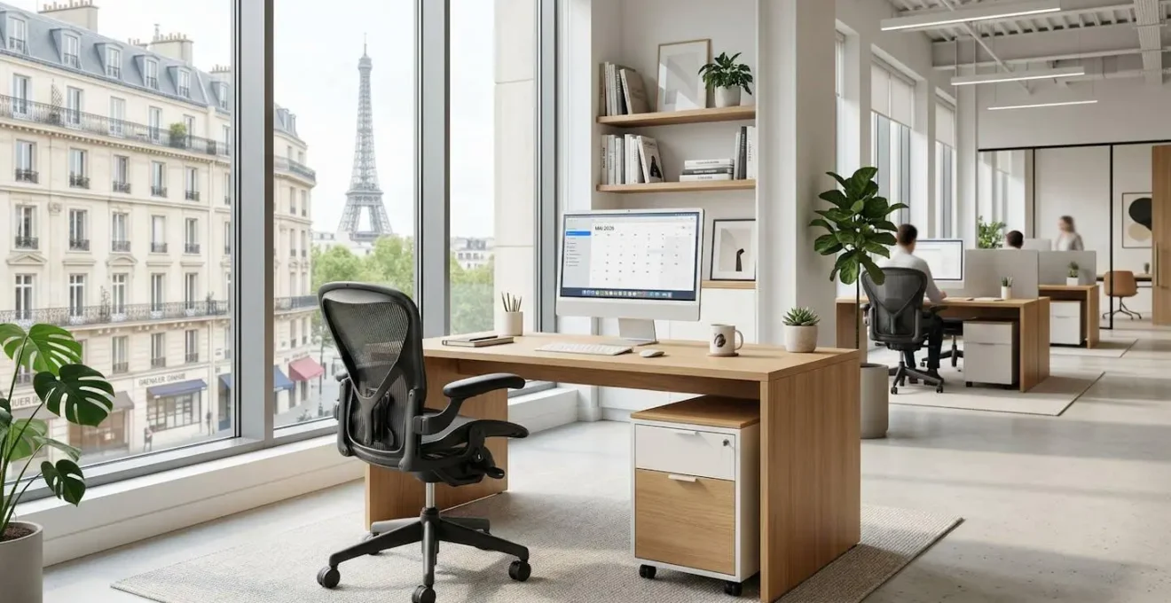 Vue d'ensemble d'un bureau professionnel contemporain avec plateau épuré et caisson mobile sous le bureau montrant les proportions d'espace dans un environnement lumineux