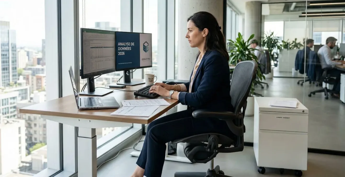 Professionnel assis à un bureau moderne avec jambes visibles sous le plateau montrant un espace de circulation dégagé et un caisson mobile sur roulettes