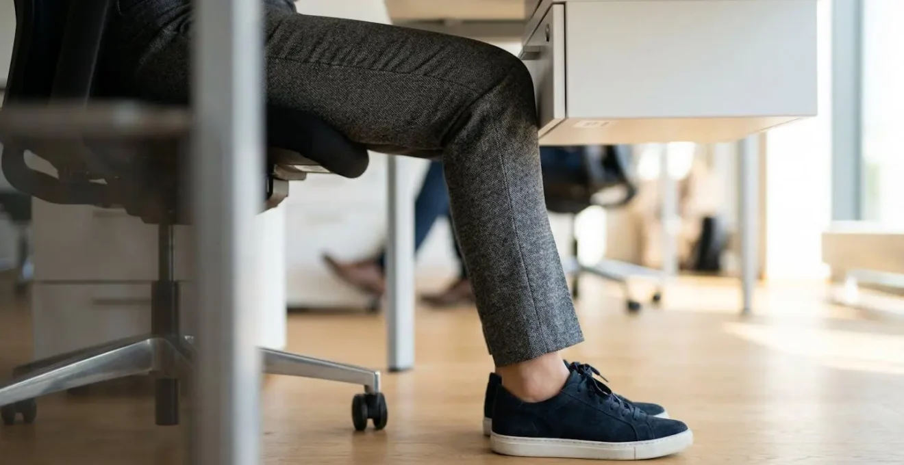 Vue rapprochée latérale sur jambes de collaborateur sous bureau montrant l'espace de dégagement entre genoux et caisson avec texture pantalon contemporain et chaussures modernes